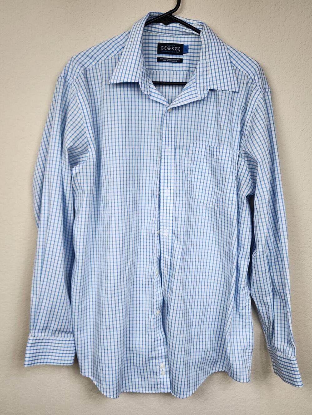 George Light Blue Checkered Long Sleeve Dress Shirt Large 16